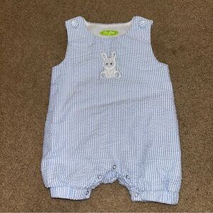 Be Mine Blue Seersucker Striped Baby Romper with Bunny Design, size 12 months